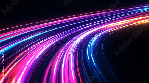 Vibrant Neon Light Streaks in Motion with Smooth Glowing Trails on Black Background