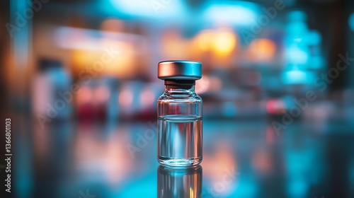 Glass Vial Containing Liquid on a Reflective Surface Against Blurred Background