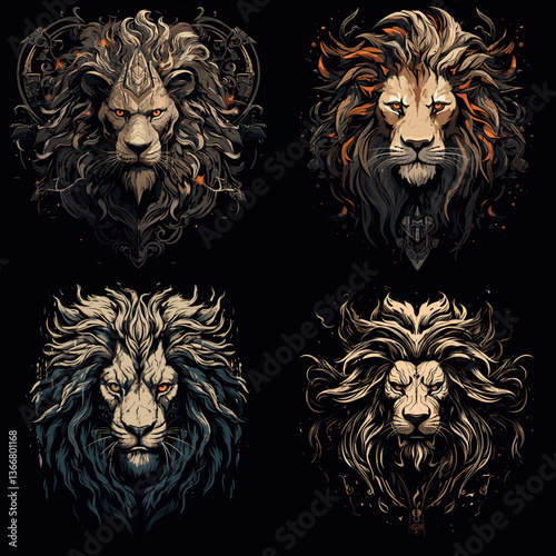Epic colored lion head illustrations with fiery and mystical elements. Ideal for tattoos, fantasy art, game design, posters, or bold and mythical visual projects.

