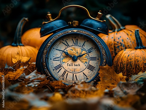 Antique clock pumpkins autumn leaves fall still life