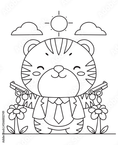 Coloring book tiger gangster with a suit and guns, standing between flowers under a sunny sky with clouds