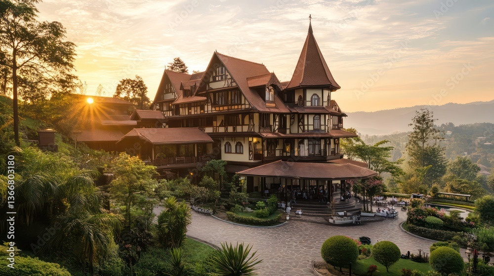 Obraz premium Sunset event at scenic mansion idyllic landscape photography serene environment aesthetic viewpoint