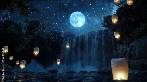 A night sky celebration near a glowing waterfall, lanterns floating under the full moon, stars twinkling above