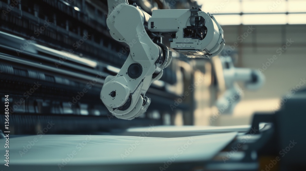 Fototapeta premium A robotic arm in an advanced textile factory, assembling automated weaving machines with AI precision for high-quality fabrics, Textile-tech style