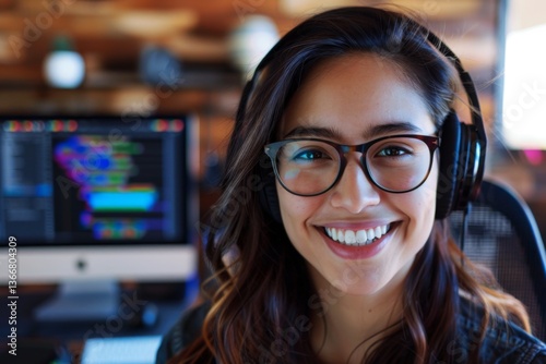 Free Download Portrait of a smiling young Hispanic female IT support worker in startup company office - GFXLoad