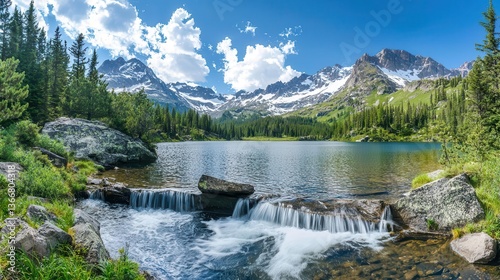 Mountain lake with a glacierfed waterfall pouring into it, snowcovered peaks in the background, pristine wilderness photo