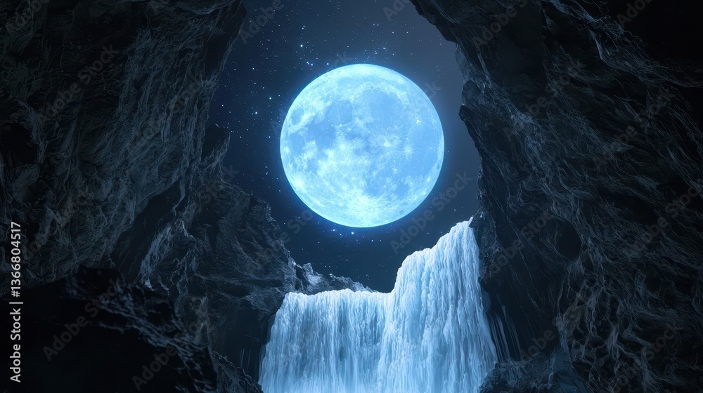 Fototapeta premium A glowing blue moon rising above luminous waterfalls in a deep crystal gorge, stars dancing in the mist