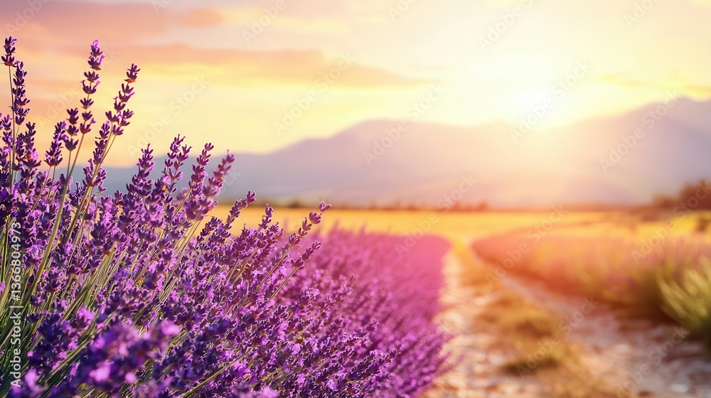 Obraz premium Peaceful country road lined with blooming lavender fields, clear skies and warm sunlight overhead