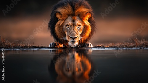 Majestic lion prowling near a waterhole at sunset, reflecting in the water