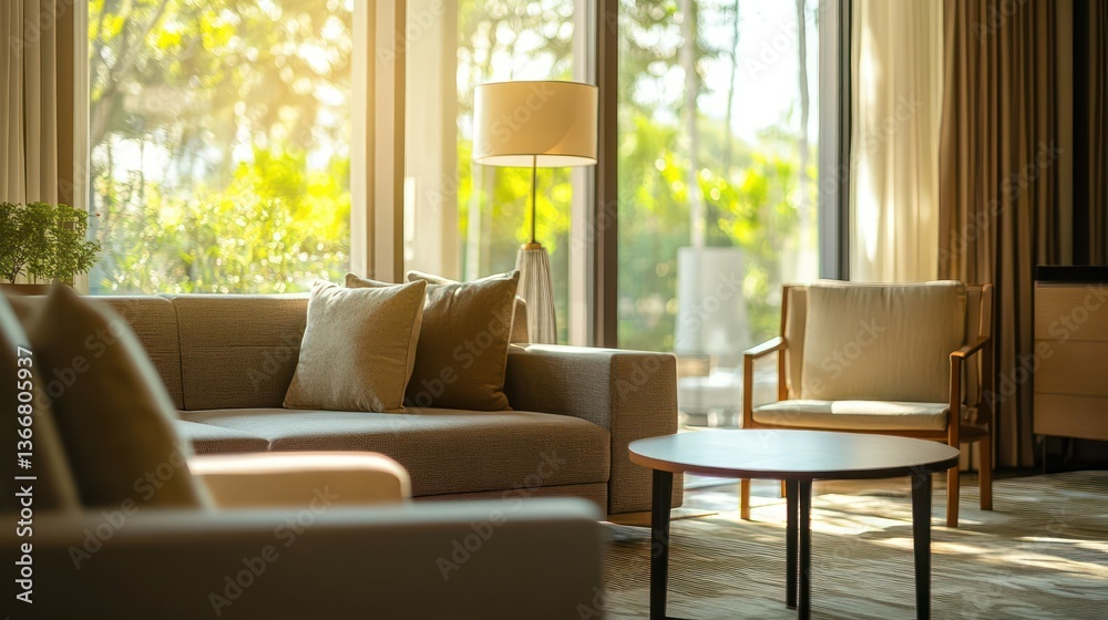 Fototapeta premium Cozy living room showcase modern home interior design bright atmosphere wide angle comfort and style