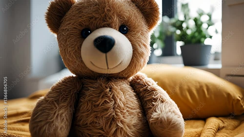 cute stuffed bear toy waves his paw from bed in child bedroom. enhancing the warmth of kid peaceful room.