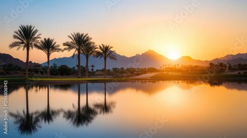 Soft sunrise over a calm desert oasis, palm trees and water reflecting the warm morning glow