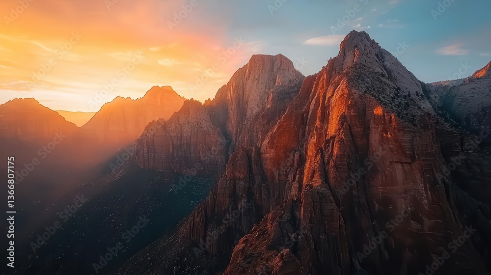 Fototapeta premium Sunset behind rugged mountain peaks, soft orange and pink light illuminating rocky cliffs and valleys