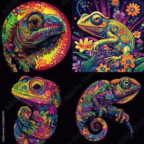 Vibrant chameleon illustrations with psychedelic colors and floral elements, bold and creative fantasy animal art, perfect for nature, jungle, wildlife, and colorful design projects.

