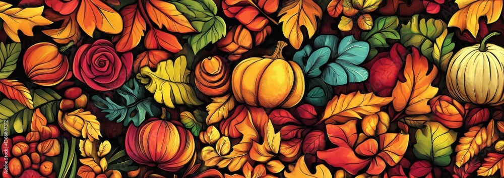 Fototapeta premium Fall Harvest Background with Pumpkins Roses and Colorful Autumn Leaves