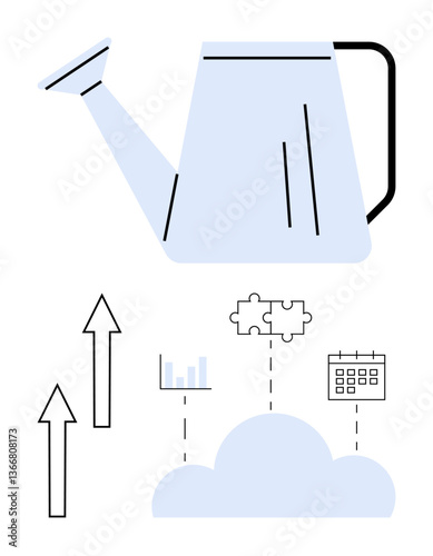 Watering can nourishing cloud, symbols of progress including chart, puzzle, and calendar. Ideal for growth, teamwork, strategy, success planning innovation sustainability. Flat simple metaphor