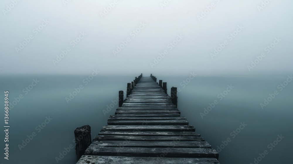Fototapeta premium Misty lake pier; peaceful, serene scene; background fog; meditation, contemplation