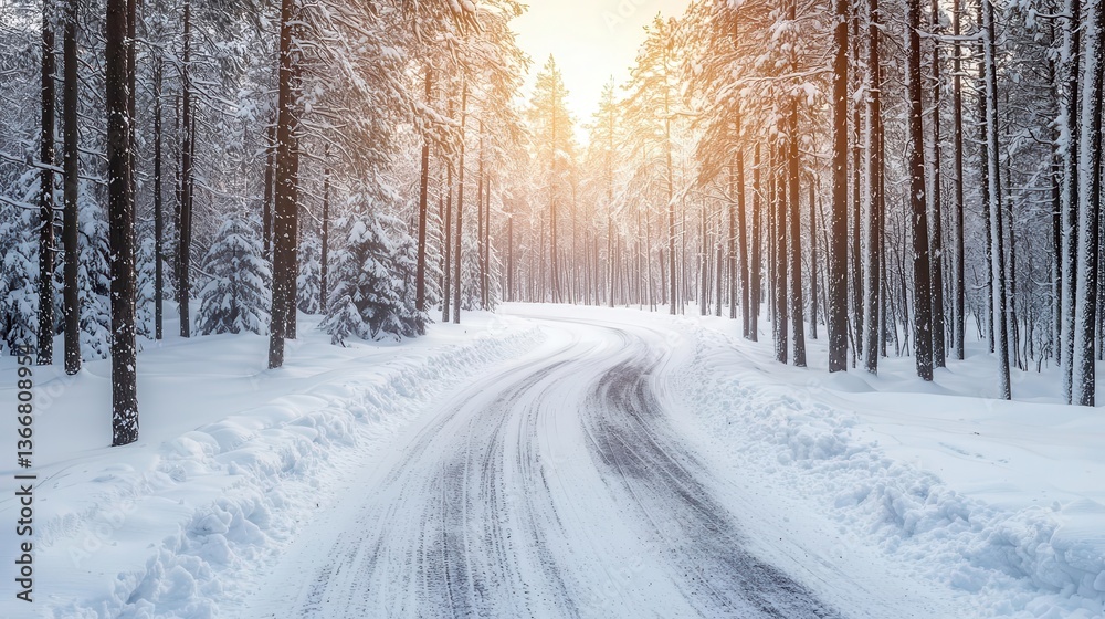 Naklejka premium Winding road through a snowy forest, tall pine trees dusted with snow, soft winter sunlight filtering through