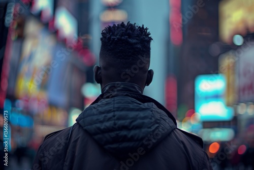 Young black man facing away from camera in blurred times square