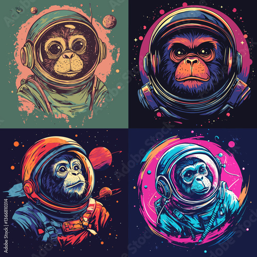 Colorful monkey astronaut illustrations with vibrant cosmic backgrounds, blending sci-fi and fantasy styles, perfect for space art, wildlife lovers, futuristic, and creative designs.

 photo