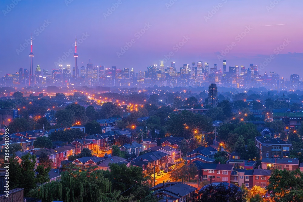 Fototapeta premium A stunning twilight view of a city skyline, featuring modern skyscrapers and a blend of urban and natural elements illuminated by city lights.