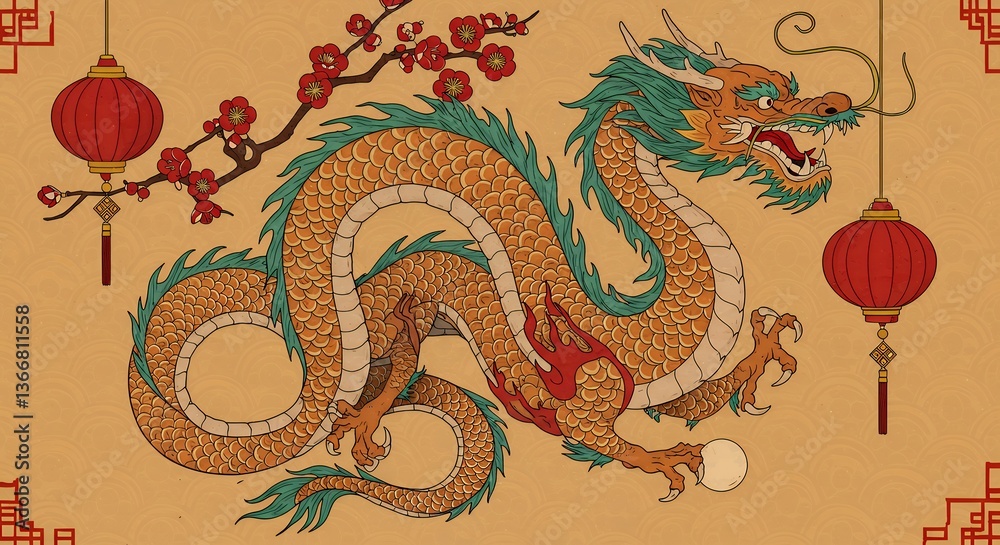 Fototapeta premium Illustrative Chinese Dragon Artwork with Lanterns and Plum Blossoms Design