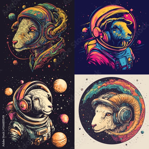 Creative ram astronaut illustrations with colorful cosmic backgrounds, blending fantasy and sci-fi themes, perfect for space art, animal portraits, and futuristic design projects.

