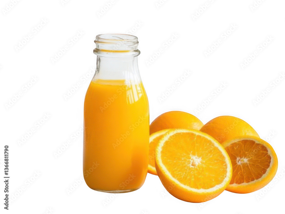 Freshly Squeezed Orange Juice in Glass Bottle, Vitamin-Packed Refreshment Transparent Background Freshly Squeezed Orange Juice in Glass Bottle, Vitamin-Packed Refreshment Transparent Background