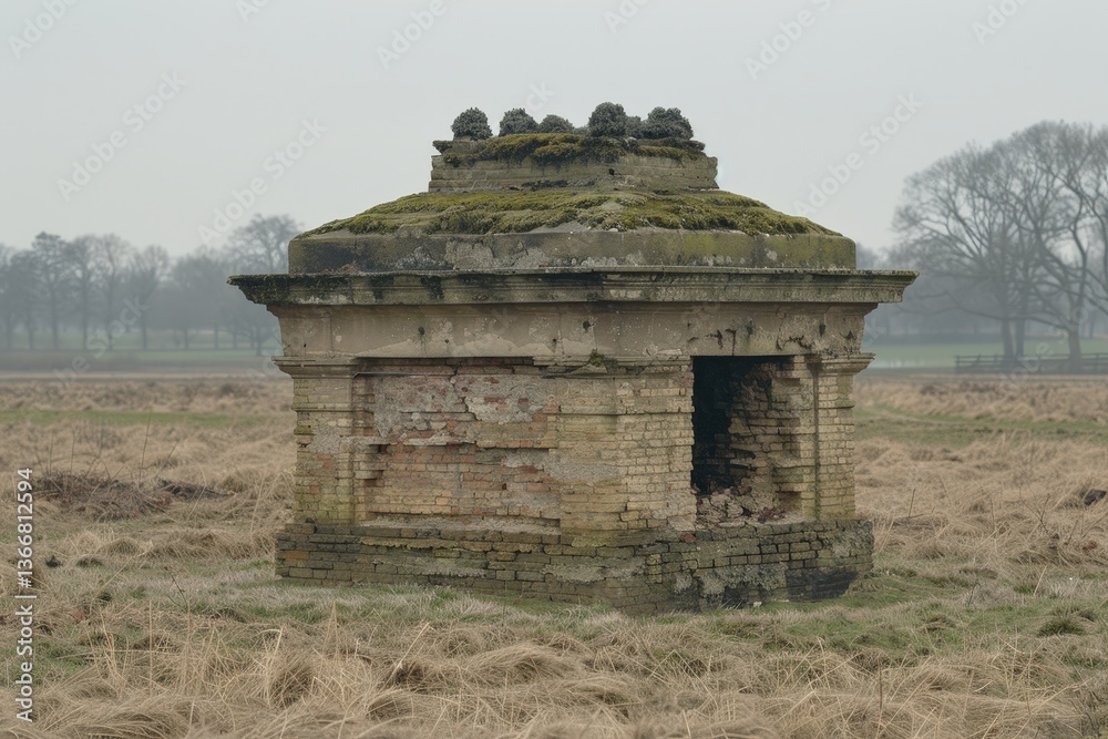 Obraz premium A weathered, moss-covered structure stands in a grassy field, showcasing signs of decay against a misty, overcast backdrop.