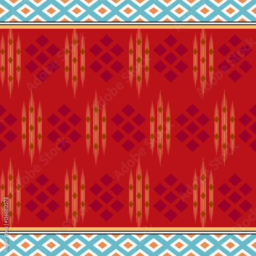 Red Tribal-Inspired Fabric Pattern with Vertical Stripes and Diamond Motifs