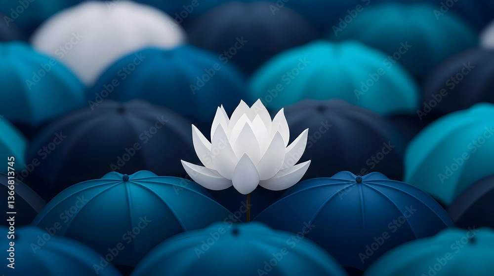 Obraz premium White Lotus Flower Among Blue Umbrellas