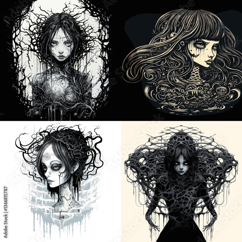 Dark gothic female portraits with intricate black line art, surreal horror fantasy, melancholic expressions, and haunting atmosphere, perfect for gothic and dark art themes.

