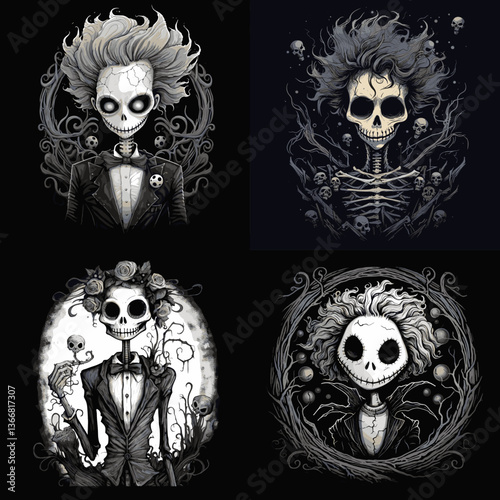 Stylish skeleton characters illustrated in dark gothic fantasy style with elegant clothing and spooky details. Perfect for Halloween art, fantasy themes, horror designs, and storytelling visuals.

