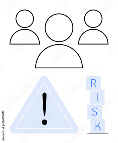 Human figures, triangle warning sign with exclamation mark, stacked blocks spelling RISK. Ideal for teamwork, caution, problem-solving, management, danger, decision-making abstract line flat