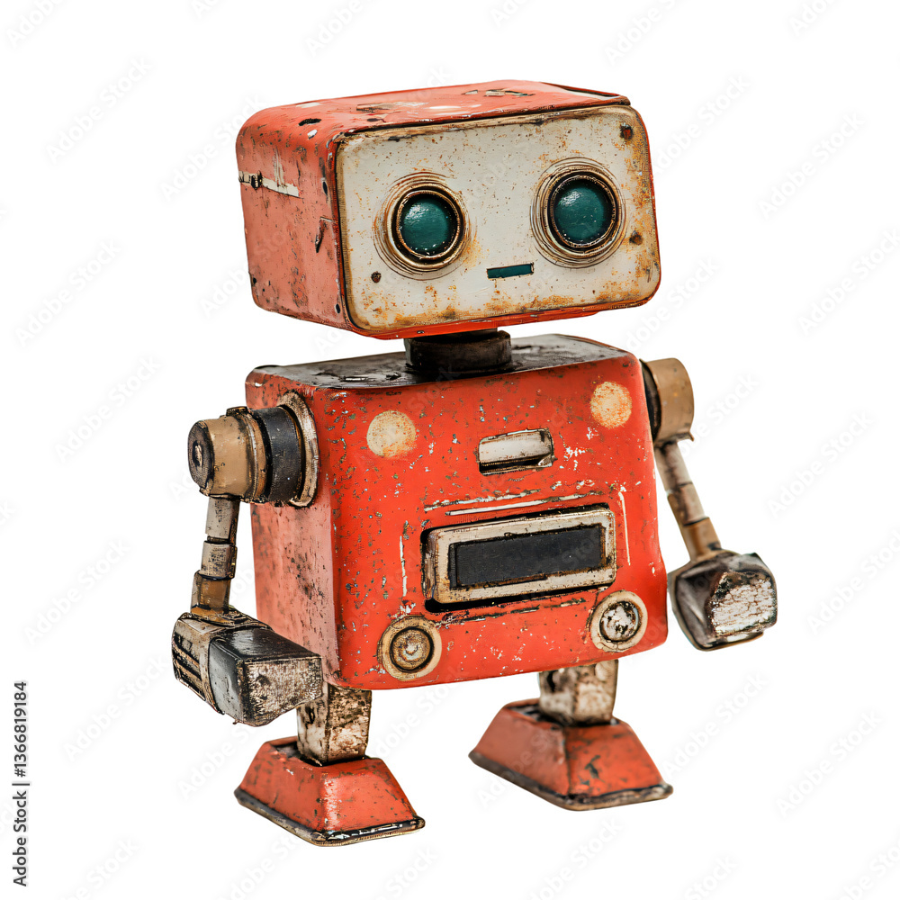 Fototapeta premium Vintage Red Rusty Robot Toy Retro Sci Fi Character Antique Mechanical Figure