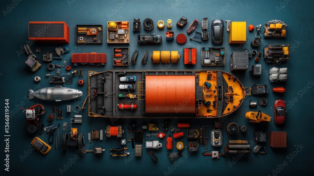Fototapeta premium Flat lay arrangement of diverse tools hardware and electronic equipment neatly organized in a workshop or garage setting showcasing a comprehensive collection of essential utilities for repair