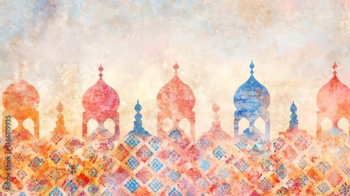 Watercolor illustration displaying several mosque silhouettes in a vibrant design
