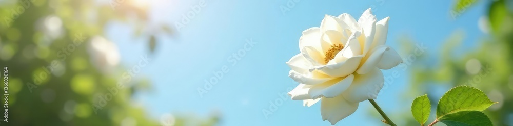 Obraz premium delicate white rose bloom against a bright sunny sky, foliage, floral, gardenia