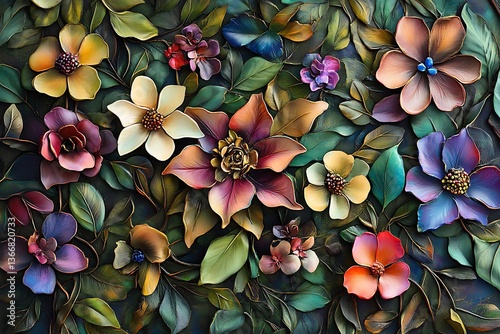 Clustered blossoms layered intricately with rich green leaves and vibrant hues
