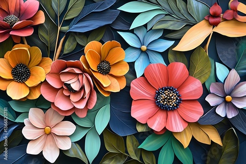 Clustered blossoms layered intricately with rich green leaves and vibrant hues