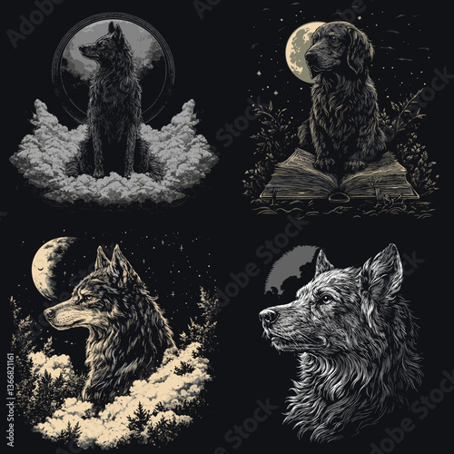 Majestic wolves and dogs illustrated in dark fantasy style under the moonlight, featuring clouds and forests. Perfect for wildlife art, storytelling themes, mythology, and gothic fantasy designs.

