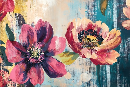 Contemporary flower patterns in bold, vibrant hues over a textured backdrop