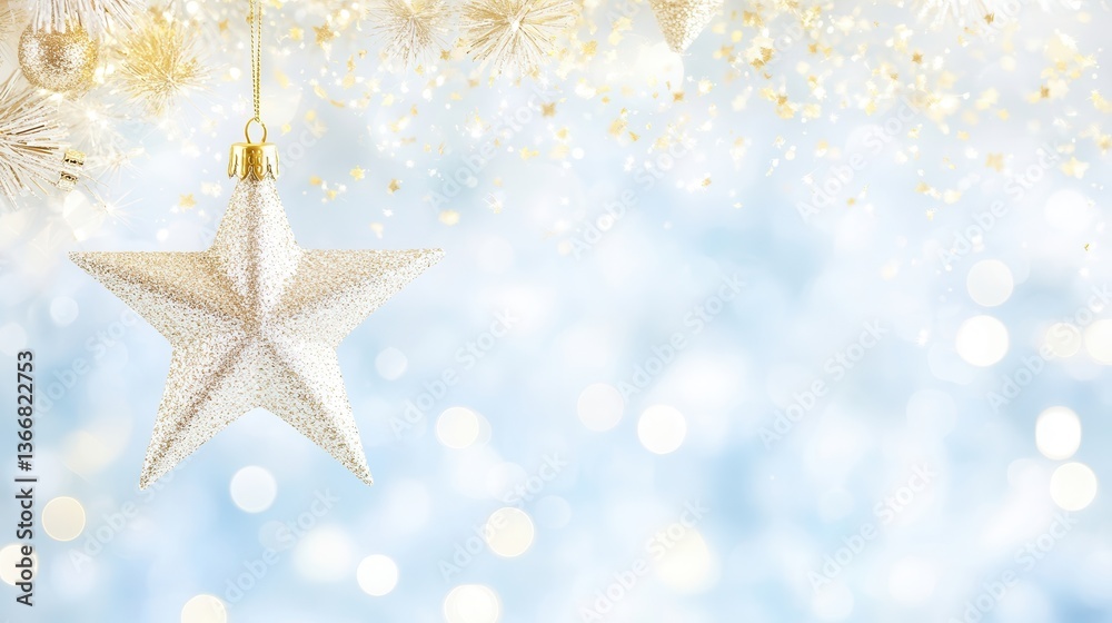 Sparkling Star Ornament Hanging Against a Festive Blue Background with Golden Confetti