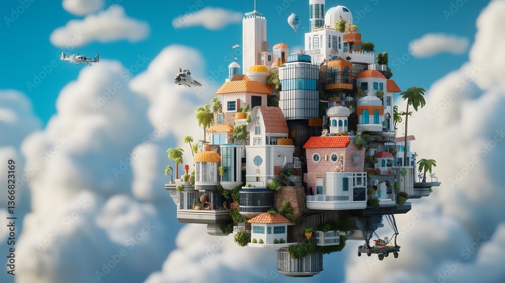 Naklejka premium Summertime, retro, grid: Floating summer city built on a vibrant, glowing grid, blending futuristic and retro aesthetics.