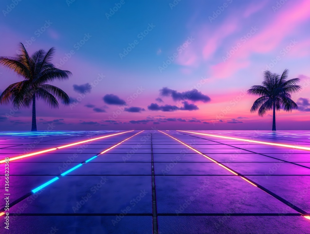 Naklejka premium Summertime, retro, grid: Futuristic cityscape with a glowing grid road leading to a vibrant 80s-style summer horizon.
