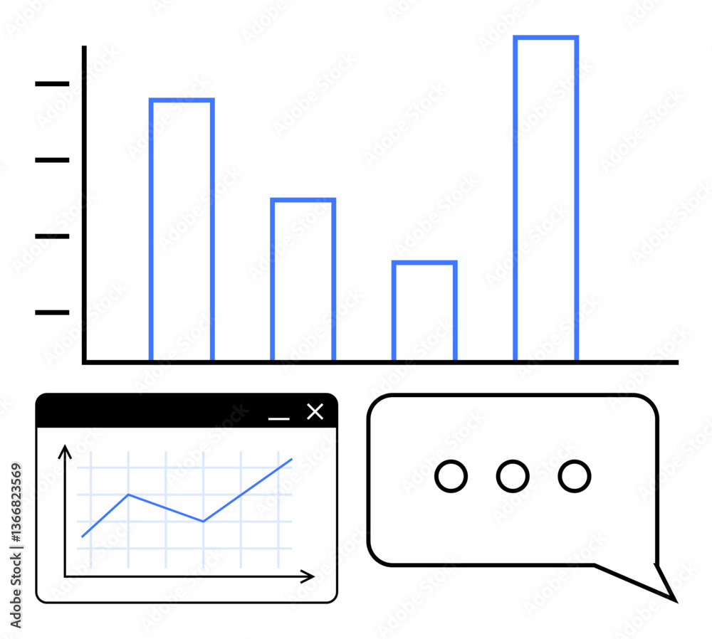 Bar chart, line graph in window, and speech bubble symbolize data analysis, communication, and insight sharing. Ideal for finance, business growth, analytics, teamwork collaboration reporting flat Bar chart, line graph in window, and speech bubble symbolize data analysis, communication, and insight sharing. Ideal for finance, business growth, analytics, teamwork collaboration reporting flat