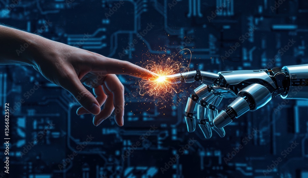Fototapeta premium Robotic hand and human hand touching in a digital environment, representing AI and technology themes.