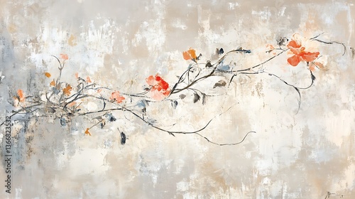 Delicate floral vines intertwined with abstract brushstrokes on a neutral background