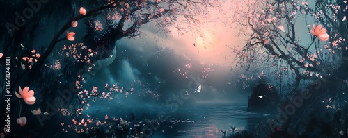 Dreamy blossoms and delicate vines set against a twilight-themed background