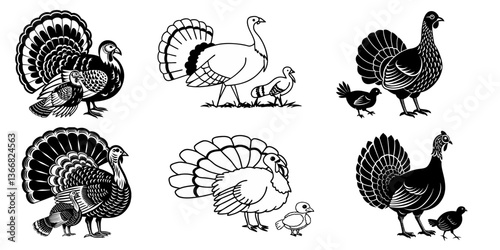 Black and White Turkey with Poult Set, Vector Illustration SVG Design created with generative ai